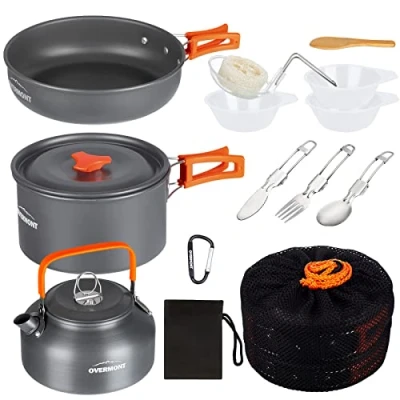 Imagen de OVERMONT 14Pcs Kit de Utensilios Cocina Camping Olla Sartén Tetera Vajilla para Acampada Senderismo Excursión al Aire Llibre Aluminio