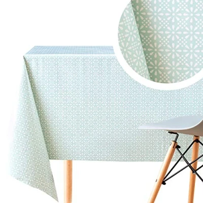 Imagen de Mantel PVC Patrón de Retro Flores en Color Menta Huevo Pato Hule 250x140 Fácil Limpieza Impermeable Mesa Rectangular Liso Acabado Plástico Hules Para Mesas Rectángular