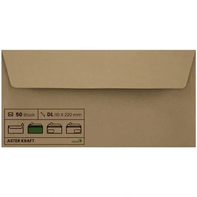 Imagen de Netuno 50x sobres largos marrones de papel Kraft DIN DL 110x220mm 100g Aster solapa recta autoadhesiva sin ventana ECO reciclados para invitaciones Navidad tarjeta regalo vales facturas negocio