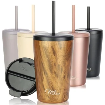 Imagen de Milu Termo Cafe 300ml, 400ml, 500ml Vaso Termico Antigoteo, Taza Termica acero inox sin BPA, Insulated Mug para llevar (Wood, 400ml)