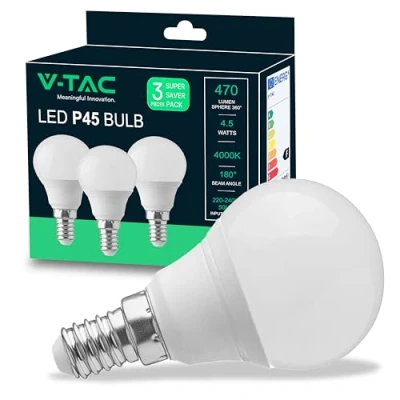 Imagen de V TAC 3x Bombilla LED E14 P45 4,5W (Equivalente a 40W) 470 Lumen 4000K Blanco Neutro Apertura del Haz de Luz 180 Máxima Eficiencia y Bajo Consumo Paquete 3