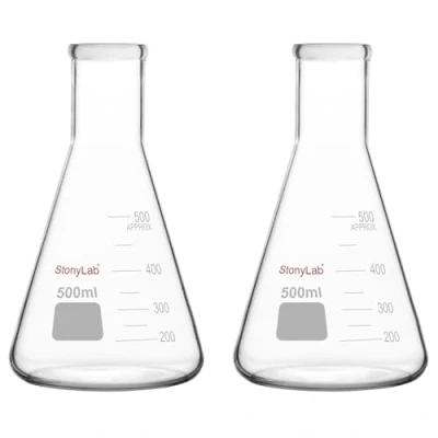 Imagen de stonylab Erlenmeyer Matraces, Paquete de 2 500 ml Boca Estrecha Muro Pesado Vidrio Borosilicato Matraz Cristalería Laboratorio