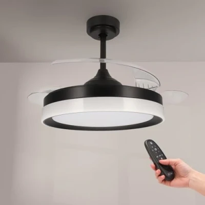 Imagen de M Ledme Ventilador de Techo Led Black Yeray 56W con luz, mando a distancia, Bajo consumo, motor DC 20W+Luz 36W, 6 velocidades, función verano invierno, Silencioso,3 Aspas desplegables