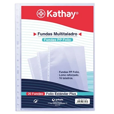 Imagen de Kathay 86557200. Bolsa de 20 Fundas Transparentes, 16 Taladros, Tamaño Folio, Polipropileno Estándar Liso