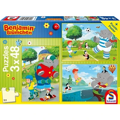 Imagen de Schmidt Spiele Benjamin Blümchen, Deporte y Juego con Töröö, 3 x 48 Piezas Puzzle Infantil, Color carbón (56401)