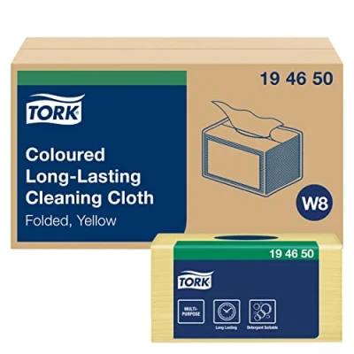 Imagen de Tork 194650 paños de limpieza larga duración Premium / 1 capa/Paños multiusos compatibles con el sistema W8 8 paquetes x 40 (320 piezas) color amarillo