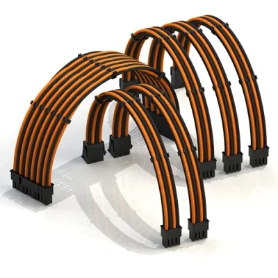 Imagen de LINKUP AVA 30cm Cable con Manguito Prolongación de para Fuente Alimentación Kit Alineadores Compatible RTX3090┃1x24P(20+4) MB┃2x8P(4+4) CPU┃3x8P(6+2) GPU┃300mm Naranja Negro