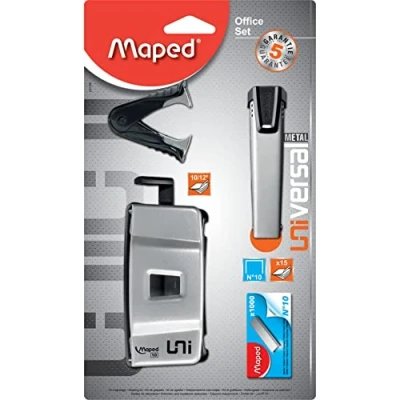 Imagen de Maped Grapadora de Oficina Universal Set Pack 4 Productos Incluye 1 Perforadora, Pocket nº 10, Quita Grapas y Caja 1000 10 Acabado Metálico