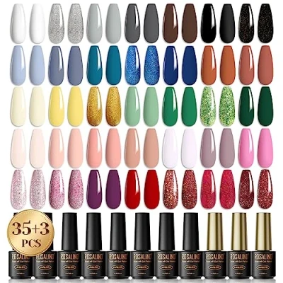 Imagen de ROSALIND Esmalte Semipermanente, 38 Pcs Pintauñas Remojo con Base, Top Coat Brillante y Mate, 35 Colores de Set Uñas Blanco Gris Plateado Marrón