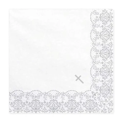 Imagen de 20 servilletas de 33 x cm, color blanco con adornos plateados, comunión, confirmación, bautizo