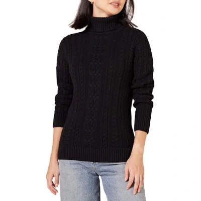 Imagen de Amazon Essentials Jersey de Cuello Vuelto y Punto Cable Tipo Pescador (Disponible en Tallas Grandes) Mujer, Negro, XS