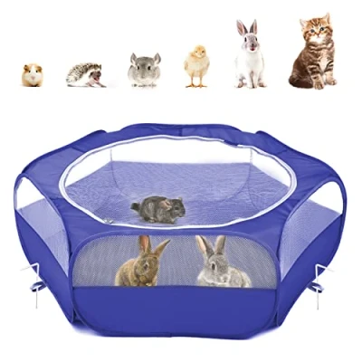 Imagen de Pawaboo Valla de Animales Portátil Oxford, Parque Plegable con Tres Varillas Metálicas y Amplia Abertura para Erizos Ardillas Gatos Dragón Conejos Índigo