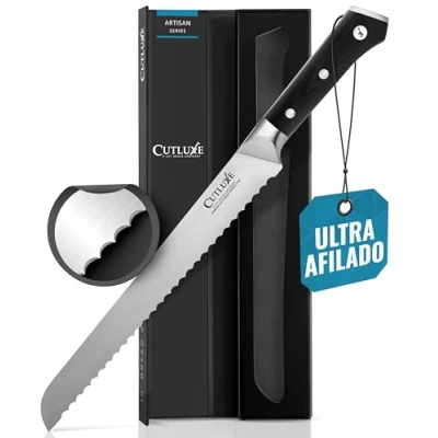Imagen de Cutluxe Cuchillo de Pan Cocinero Filo Serrado 10&quot; Acero Alemán Forjado con Alto Grado Carbono Espiga Completa y Hoja Afilada Mango Ergonómico Serie Artesano