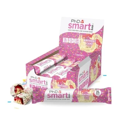 Imagen de PhD Nutrition Smart Bar barritas de proteína 12x64g Tarta cumpleaños Snack proteico con 20g y bajo en azúcar para una buena macronutrición
