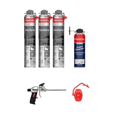 Imagen de Espuma expansiva de poliuretano proyectable, juego 3 + 1 pistola limpiador Único en el mercado, bote 700 ml Calidad profesional Excelente aislamiento acústico