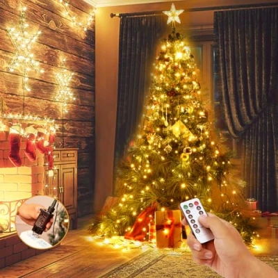 Imagen de Yizhet Luces Árbol de Navidad con Estrella, 2m x16 Cadena 400 Led, Blanco Cálido 8 Modalità, Mando y Timer, Impermeable IP44, Cascada para Arbol Navideños 1,5 a 2,5m