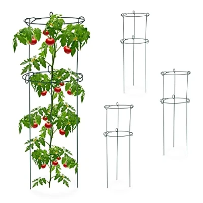 Imagen de Relaxdays Set 4 Jaulas Tomates, Soporte Plantas Trepadoras, Tutor Enredadera, Guía Tomatera 3 Patas, Acero, Verde Oscuro