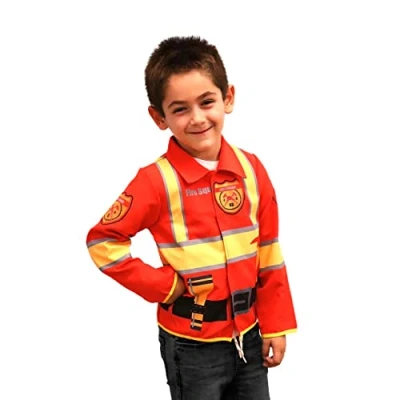 Imagen de DEQUBE Disfraz de bombero con detalles reflectantes y diseño herramientas en cinturon, unisex, talla unica, color rojo
