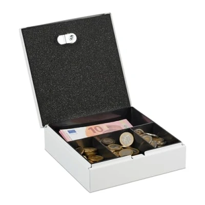 Imagen de Relaxdays Caja de Dinero con Llaves, Bandeja Extraíble, 4 Espacios, Cambio y Billetes, 6 x 17 17,5 cm, Hierro, Blanco