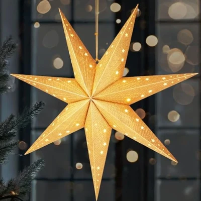 Imagen de BRUBAKER Estrella de Navidad LED para Colgar Papel 60 cm con 7 Puntas Adviento 3D Funciona Pilas, se Cuelga y Ilumina Luz Decorativa Dorada