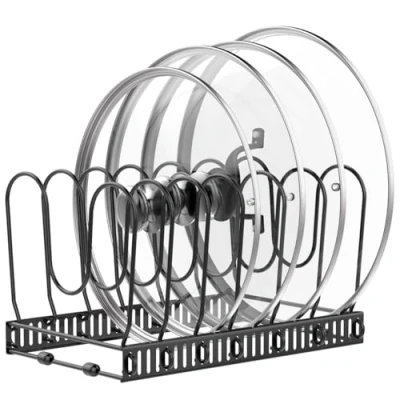 Imagen de Housolution Organizador de Ollas y Sartenes, Extensible Tapas con 7 Compartimentos Ajustable, Soporte Sartenes para Cocina, Negro