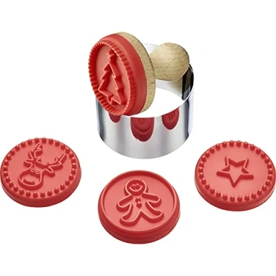 Imagen de Westmark Set de sellos para galletas/moldes cortar, 6 piezas con 4 motivos navideños, Ø aprox. 5 cm, Acero inoxidable/madera/silicona, Plateado/marrón claro/rojo, 30352260
