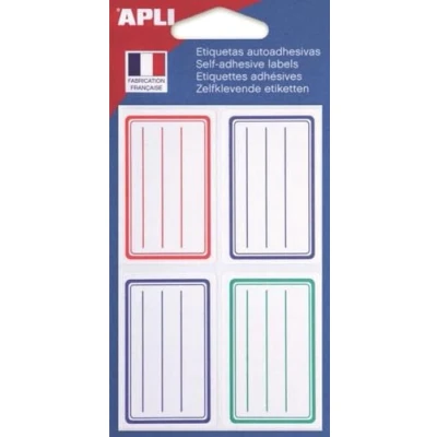 Imagen de APLI 101096 Pochette 24 étiquettes scolaires lignées bleues/rouges/vertes 36 x 56 mm Coins arrondis
