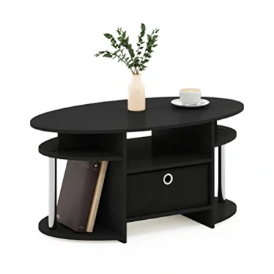 Imagen de Furinno Jaya Sencilla Mesa de Centro Ovalada con Papelera, Madera ingeniería, Americano/Acero Inoxidable/Negro, 50 (D) x 89.9 (W) 41.7 (H) cm