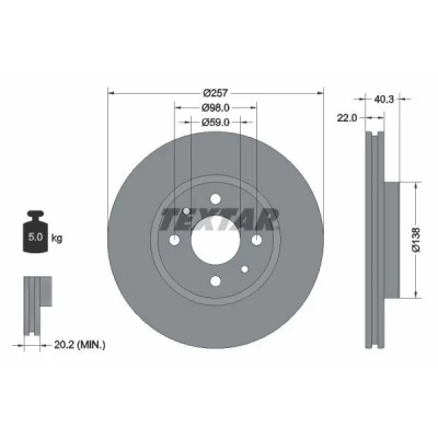 Imagen de TEXTAR 92069600 Disco de freno 257 22 04/06 98 ventilación interna sin perno sujeción rueda, buje rueda FIAT: BRAVO 2, Stilo Hatchback