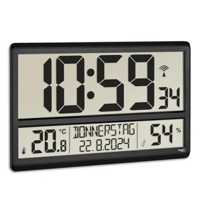 Imagen de TFA Dostmann Reloj de Pared Digital XL 60.4520.01, con Temperatura y Humedad, día la Semana (8 Idiomas), controlado por Radio, fácil Leer, Grande, Negro, plástico, 360 x 235 28 mm (84)