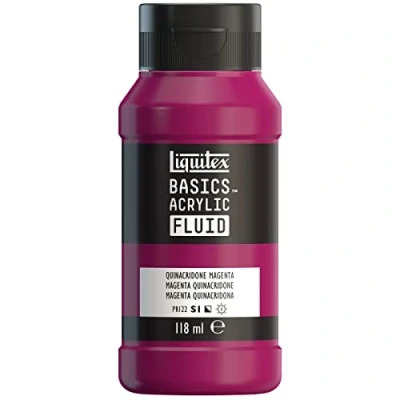 Imagen de Liquitex Basics Fluid Pintura acrílica de consistencia fluida, secado rápido, resistente a la luz, impermeable, acabado satinado permanente, bote 118 ml, magenta quinacridona