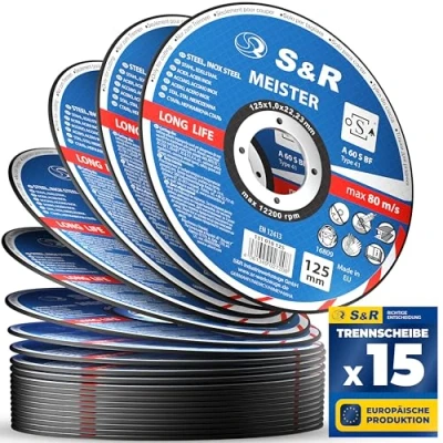 Imagen de S&amp;R Disco Corte Metal 125 x1 mm Radial de Hierro Acero INOX. Juego 15 Discos para Amoladora ángular. Made in EUROPA