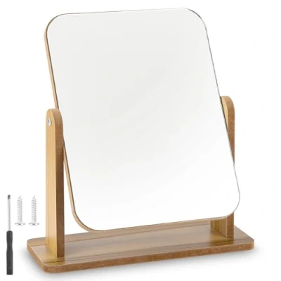Imagen de Zhufas espejo de pie pequeño pie, madera, mesa, rotación 360 grados, mesa 25 x 22 cm, para tocador, escritorio, dormitorio, baño