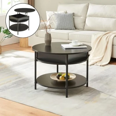 Imagen de [en.casa] Mesa de Centro Kandas Baja Redonda con Tablero Elevable Compartimento Interno y Estante Mueble Auxiliar Mesita para Salón 70 x 49 cm Negro