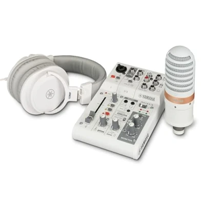 Imagen de Yamaha AG03MK2 Paquete de Transmisión en Vivo Todo Uno, Incluye Mezclador 3 Canales, Micrófono Condensador y Auriculares, para Windows, Mac, iOS Android, Blanco