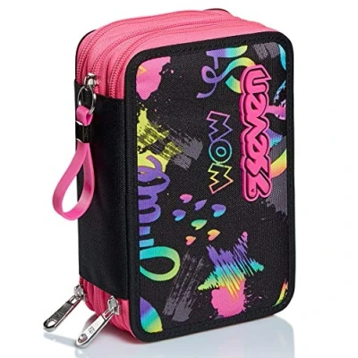 Imagen de Seven Estuche Escolar 3 Compartimientos IRIDESCANT, Negro y Fucsia con Material Incluido: Lápices, Bolígrafos Marcadores Gran Capacidad para Niñas Adolescentes
