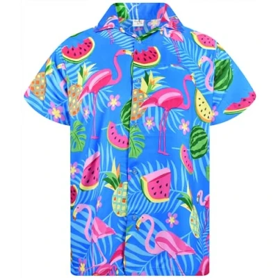 Imagen de King Kameha Camisa hawaiana llamativa para hombre, manga corta, bolsillo frontal, fiestas, con estampado de sandías y flamencos, L