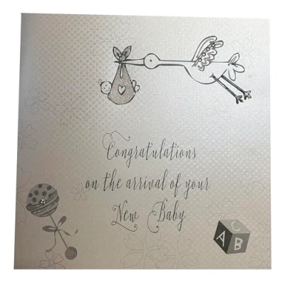 Imagen de ToyCentre White Cotton Cards Code XLSTORK Congratulations on The Arrival of Your New Baby Handmade Large Card Stork, Silver