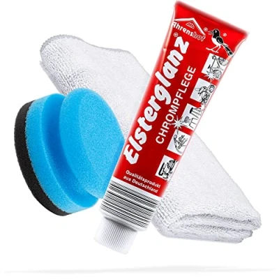 Imagen de Detailmate Paquete de cuidado cromado Brillo cromo 150 ml en el tubo XXL + paño microfibra premium esponja abrillantador cromo, limpia y conserva superficies cromadas
