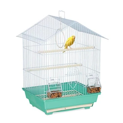 Imagen de Relaxdays Jaula de Aves Metálica para Canarios Pequeños, con Perchas y Comederos, 49 x 39,5 32 cm, Color Verde