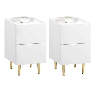 Imagen de WOLTU 2X Mesita de Noche con 2 Cajones, Tablero Alto Brillo, Mesa Auxiliar Moderna 40x30x51cm, para Dormitorio Sofá Salón, Fácil Montaje, Madera+Cuero PVC+Metal, Blanco+Dorado, NTS10ws02