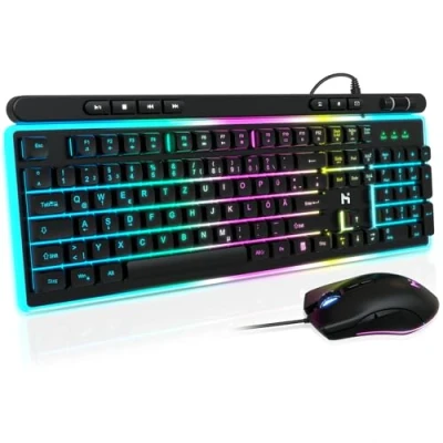 Imagen de HLONONE Juego de Teclado y ratón para Videojuegos, retroiluminación LED arcoíris, Cable USB, ergonómico PC Gamer Oficina, diseño QWERTZ DE, Color Negro