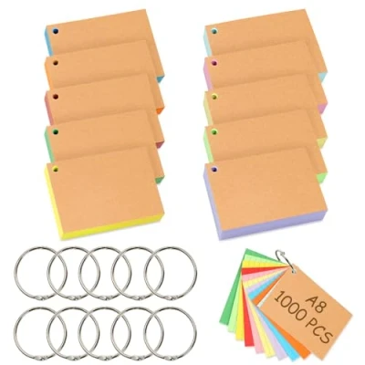 Imagen de Votoko 1000 PCS Flashcards A8, 10 Colores Tarjetas Estudio De íNdice Fichas Con Anillo Carpeta, 7,4 x 5,1 cm, Para Estudiar Oficina Escolar, Hogar