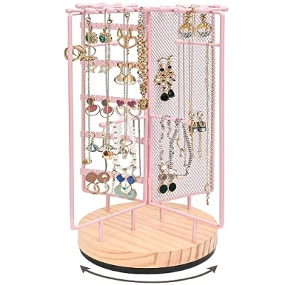 Imagen de Procase Soporte para Joyas, Colgador de Pendientes Collares y Pulseras, Expositor Metal con Base Madera Agujeros Rosa