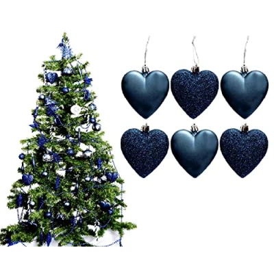 Imagen de 6 bolas grandes de corazón con purpurina y mate, gran decoración para árbol Navidad, (azul marino)