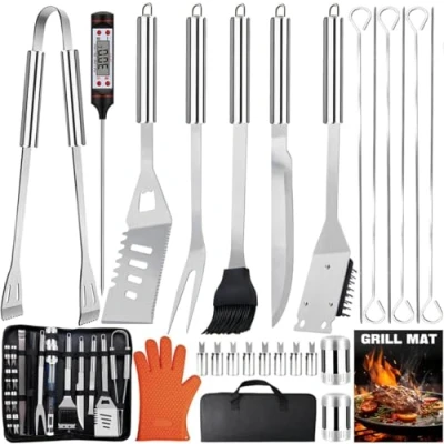 Imagen de 28Pcs Utensilios de Barbacoa Acero Inoxidable, Accesorios Gas y Carbón para Camping en Portátiles Maletín, Kit Práctico Parrilla Barbacoa, Regalos Hombres.