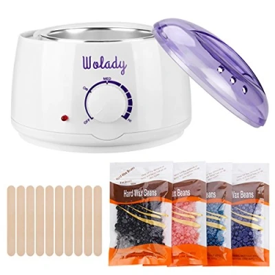 Imagen de Calentador de Cera la Aplicación Eléctrica Wolady Kit Eliminación Caliente Depilatory 500ml 4 Paquetes Granos 10 Palillos Madera Casero Spa Cara Brazos Axilas Piernas