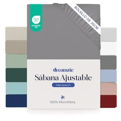 Imagen de Dreamzie Sabanas 90x190 cm Esquinas de 35 para Colchones Gruesos 100% Microfibra, Antracita, Certificada sin Productos Químicos (Oeko Tex), Bajeras Completamente Elásticas