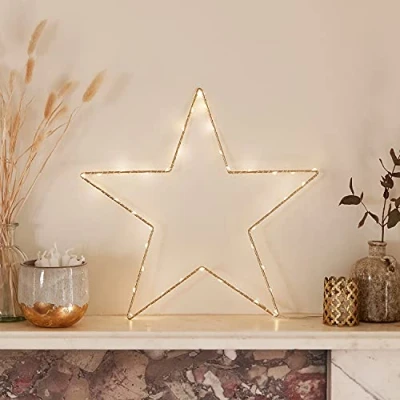 Imagen de Lights4fun Decoración de Navidad Estrella Dorada 34cm con 40 LED Blancos Cálidos a Pilas para Interiores