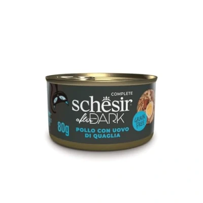 Imagen de Schesir After Dark Sabor de Pollo con Huevos codorniz en filetes, alimento húmedo Completo para Gatos Adultos (12 latas 80 g)